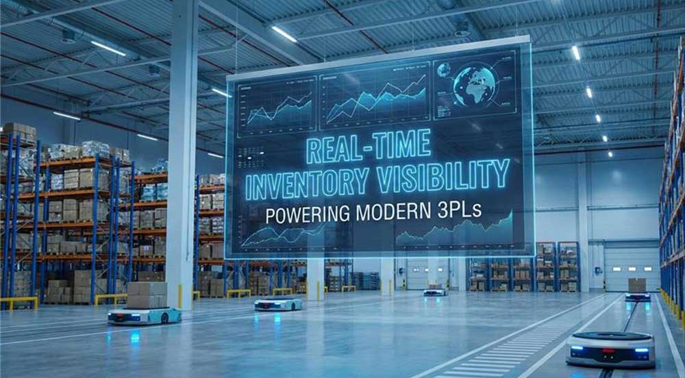 Automated warehouse with mobile robots and a digital dashboard displaying real-time inventory visibility for modern 3PL operations.