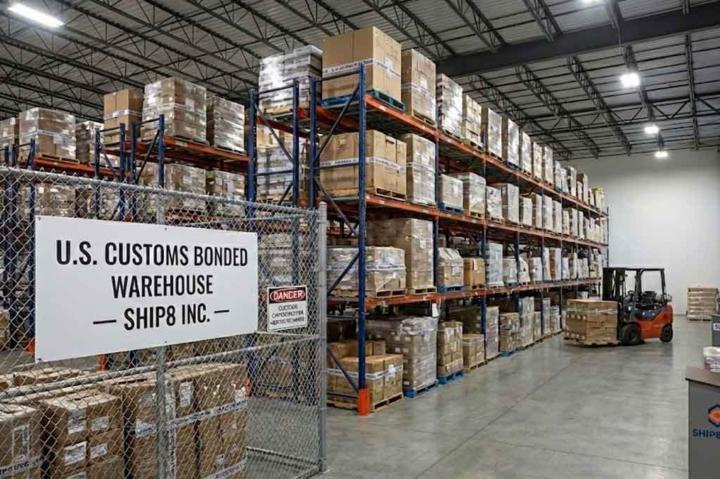 Interior view of SHIP8 INC. U.S. Customs Bonded Warehouse featuring high-pile storage racks, security fencing with signage, and an operating forklift.