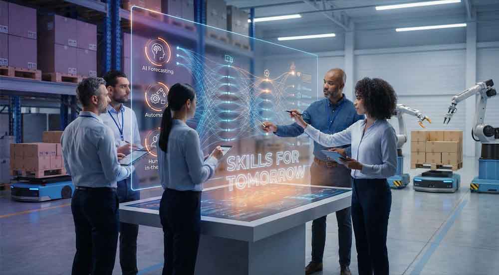 Modern logistics professionals using advanced technology in a high-tech warehouse, highlighting necessary future supply chain skills.