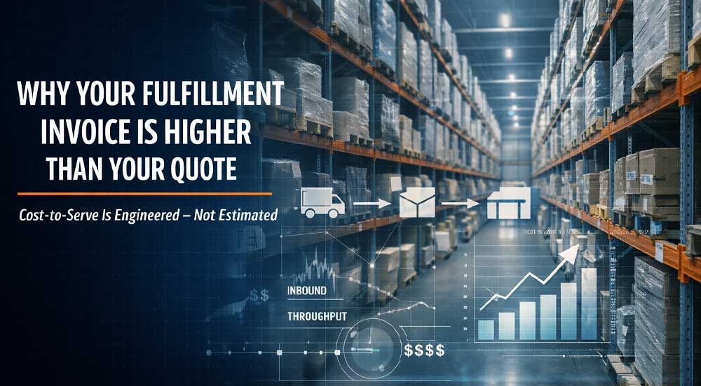 warehouse with text "Why is my fulfillment invoice higher than my quote"