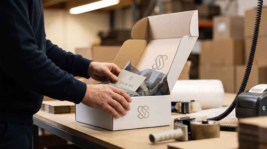 Close-up of a warehouse worker's hands carefully packing a custom white shipping box. The worker is placing a branded thank-you card over dark grey tissue paper on a wooden pick-and-pack fulfillment table.