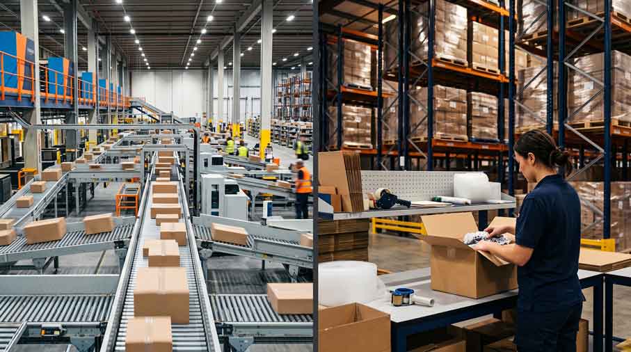 Vertical split-screen photograph contrasting two e-commerce fulfillment environments: On the left, a large, automated fulfillment center with extensive conveyor belt systems moving packages under bright, cool-toned lighting. On the right, a traditional Third-Party Logistics (3PL) warehouse with a worker hand-packing a branded "Ship8" box at a packing station under warmer industrial lighting, set against tall pallet racking.
