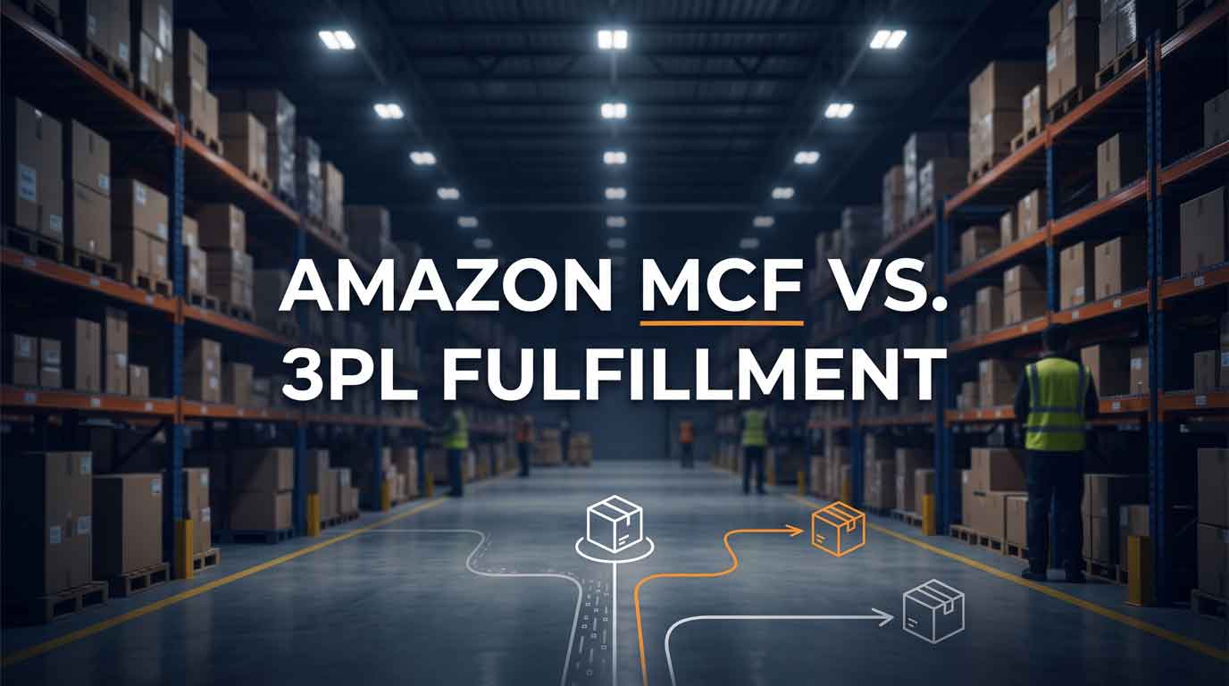 Comparison of Amazon Multi-Channel Fulfillment (MCF) vs. 3PL fulfillment options in a modern e-commerce warehouse setting.
