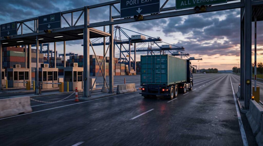Semi-truck with loaded shipping container departing Port of Savannah terminal gates onto open highway for drayage to Port Wentworth 3PL